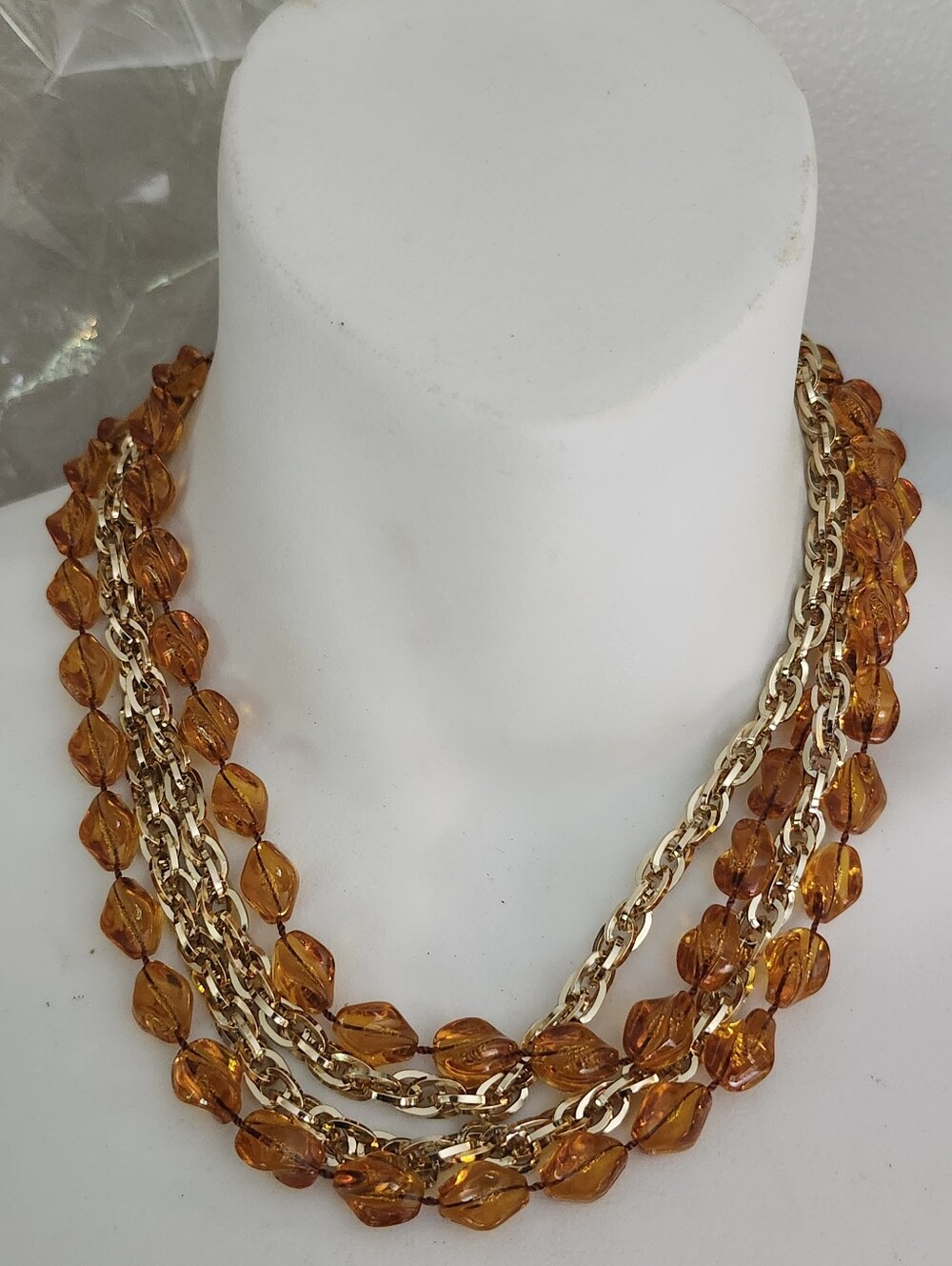 Vtg Sarah Coventry "Holiday Bead" Multi-Strand Amber and Gold Chain  Necklace